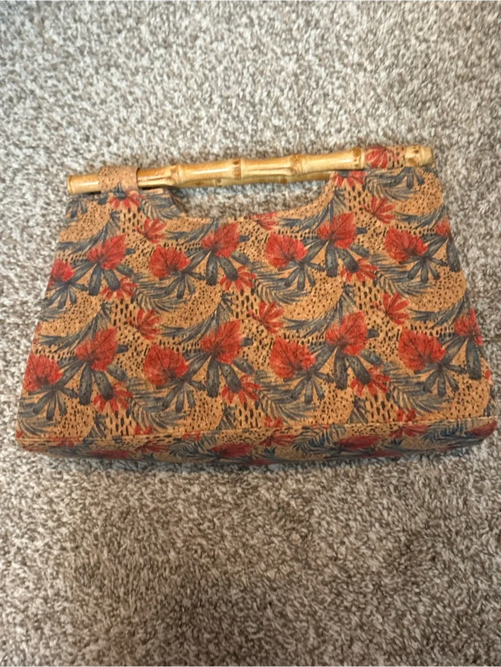 Woven Bamboo-Handle Floral Clutch in Tan and Red - NEGOTIABLE PRICE